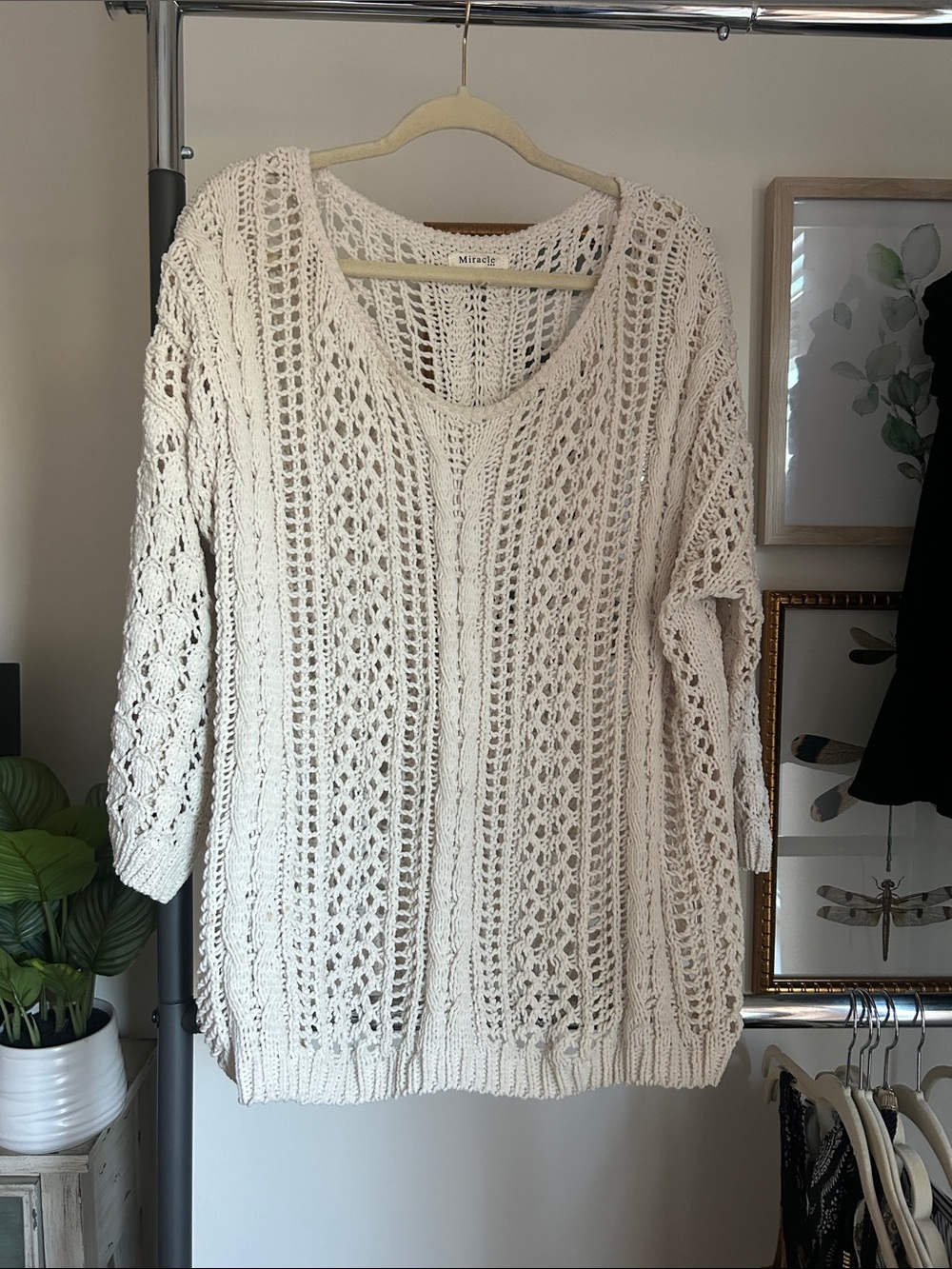 Miracle M L southern fancy loose fit open knit crochet ivory Cream Sweater